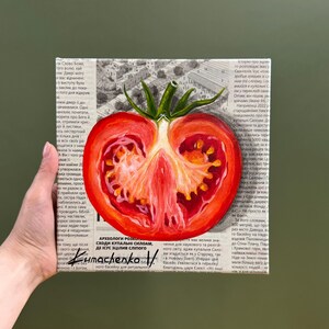 Original Tomato Oil Painting on Canvas, Vegetable Art, Food Wall Art, Kitchen Decor, Fresh Food Artwork, Modern Art 8x8 image 1