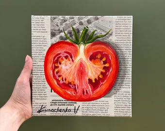 Original Tomato Oil Painting on Canvas, Vegetable Art, Food Wall Art, Kitchen Decor, Fresh Food Artwork, Modern Art 8x8