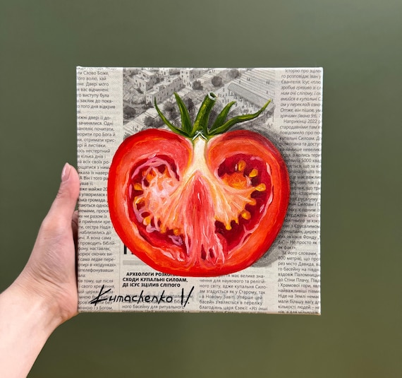Original Tomato Oil Painting on Canvas, Vegetable Art, Food Wall Art, Kitchen Decor, Fresh Food Artwork, Modern Art 8x8