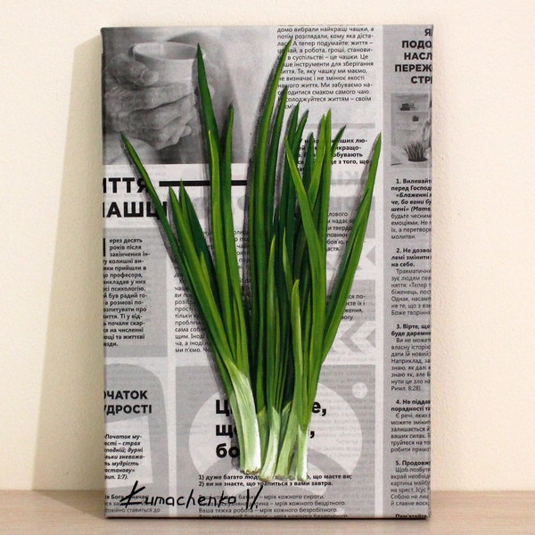 Green onion oil painting on newspaper, Original art for the kitchen, Holiday gift for family