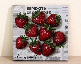 Strawberry oil painting on canvas, Newspaper picture for the kitchen, Original gift with fruits, Exclusive still life home decor