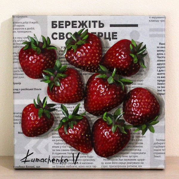 Fraise peinture à l'huile sur toile, image de journal pour la cuisine, cadeau original avec des fruits, nature morte exclusive pour la maison