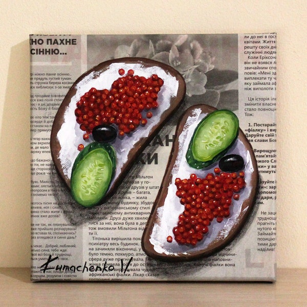Red Caviar Sandwich Art, Original Miniature Oil Painting on Canvas, Kitchen Gift for Family