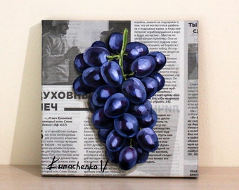 Peinture de raisin Peinture à l’huile de raisin exclusive Raisins bleus nature morte Peinture de journal Peinture de baies Peinture à l’huile de raisins sur toile