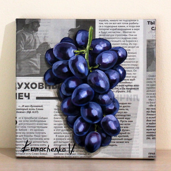 Peinture de raisin Peinture à l’huile de raisin exclusive Raisins bleus nature morte Peinture de journal Peinture de baies Peinture à l’huile de raisins sur toile