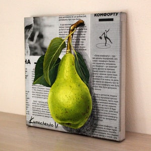 Pear Oil Painting, Small Original Fruit Art, Hand Painted Canvas Wall Decor, Kitchen Artwork, Green Fruit Painting 8x8 image 7