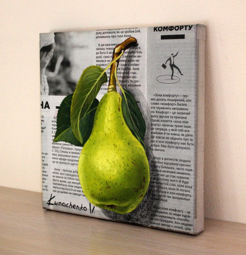 Pear Oil Painting, Small Original Fruit Art, Hand Painted Canvas Wall Decor, Kitchen Artwork, Green Fruit Painting 8x8 image 7