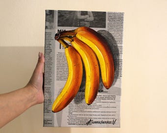 Photorealistic Banana Oil Painting: Kitchen Wall Decor, Fruit Newspaper Art, Gourmet Gift