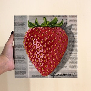 Vibrant Strawberry Oil Painting on Newspaper Canvas: Unique Kitchen Art for Food Lovers
