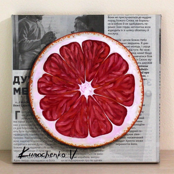 Grapefruit painting, Exclusive oil painting on canvas with citrus, Newspaper food art fruits, Kitchen decor on the wall