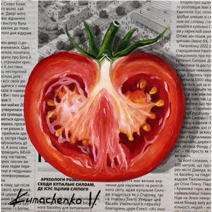 May include: A painting of a red tomato cut in half, with the seeds visible. The tomato is painted on top of a newspaper article with the text "Archeologists excavate the steps of the Siloam Pool, where Jesus healed the blind."