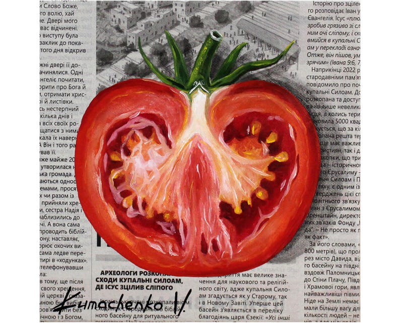 May include: A painting of a red tomato cut in half, with the seeds visible. The tomato is painted on top of a newspaper article with the text "Archeologists excavate the steps of the Siloam Pool, where Jesus healed the blind."