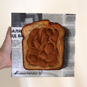 Peinture à l'huile empâtement : scène de petit-déjeuner grillé au beurre de cacahuète - oeuvre d'art murale de cuisine personnalisée