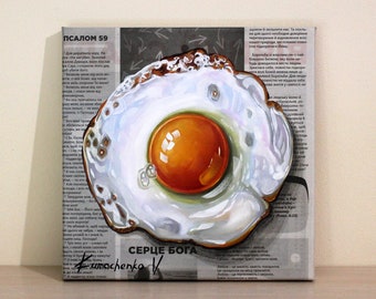 Fried egg painting, Newspaper art home decor, Food oil painting on canvas, Original breakfast wall picture