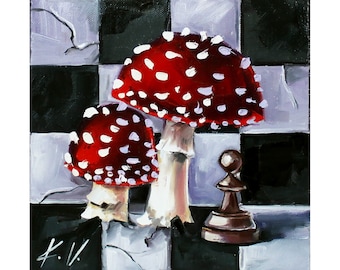 Original oil painting on canvas Alice in Wonderland, Amanita mushrooms on a chessboard, Excellent home wall decor