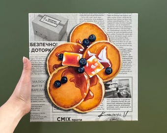 Blueberry Pancakes Newspaper Art, Original Oil Painting on Canvas for Kitchen Decor