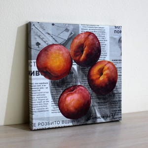 Persikaolja på tidningspapper, modern matväggkonst, originalduk 8x8" bild 4