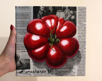 Realistisk tomatoljemålning på tidningsduk - Köksväggdekor, originellt matkonstverk
