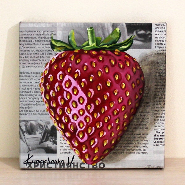 Peinture aux fraises, Fruit d’art de journal, Nature morte alimentaire pour la cuisine, Peinture à l’huile originale sur toile de baies