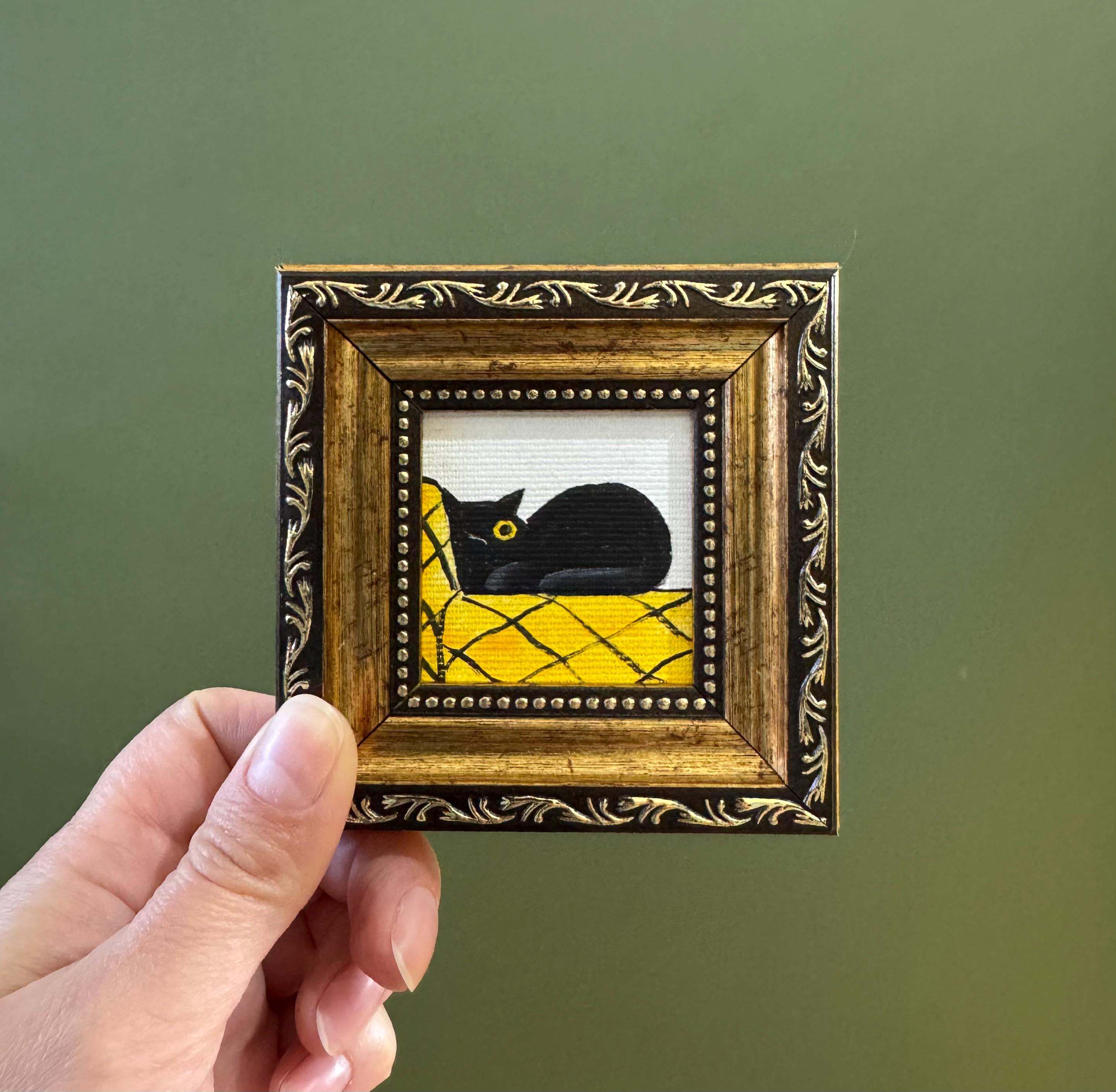 Black Cat on Sofa Oil Painting, 2x2 Miniature Art, Gold Framed Small Wall Decor, Original Gift for Home Lovers