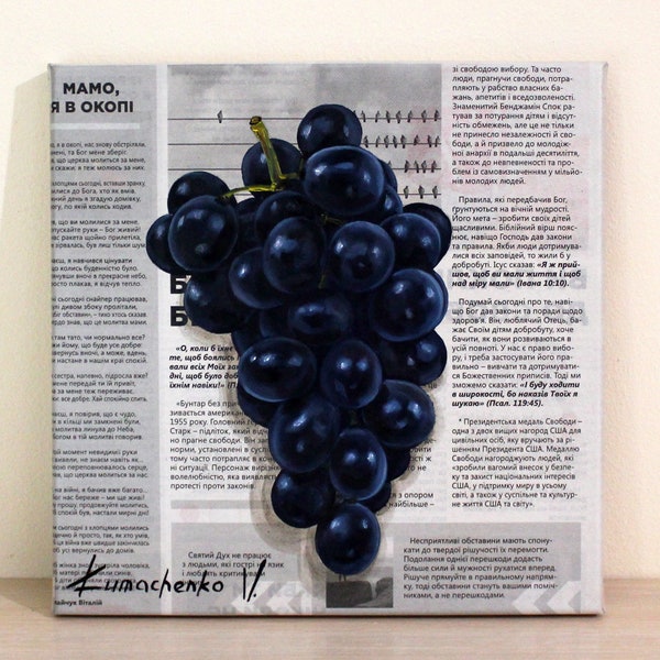 Peinture à l'huile originale sur toile de raisins bleus - Décoration murale parfaite pour la cuisine, cadeau idéal pour maman et grand-mère