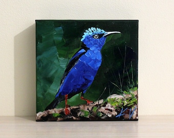 Blue Bird Original Oil Painting on Canvas - Handcrafted Wall Art Decor for Nature Lovers