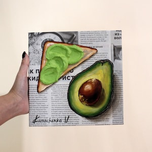 Modern Impasto Avocado Oil Painting: Textured Canvas Wall Art for Kitchen, Birthday Gift for Wife