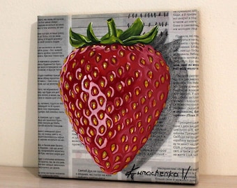 Strawberry Still Life Original Oil Painting, Fresh Fruit Kitchen Wall Art on Canvas 8x8"
