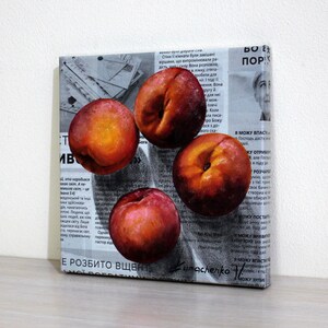 Persikaolja på tidningspapper, modern matväggkonst, originalduk 8x8" bild 7