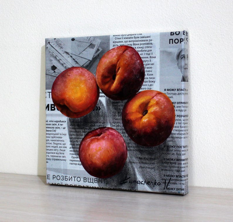Persikaolja på tidningspapper, modern matväggkonst, originalduk 8x8" bild 7