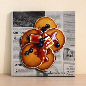 Panqueques de arándanos, arte periodístico, pintura al óleo original sobre lienzo para decoración de cocina