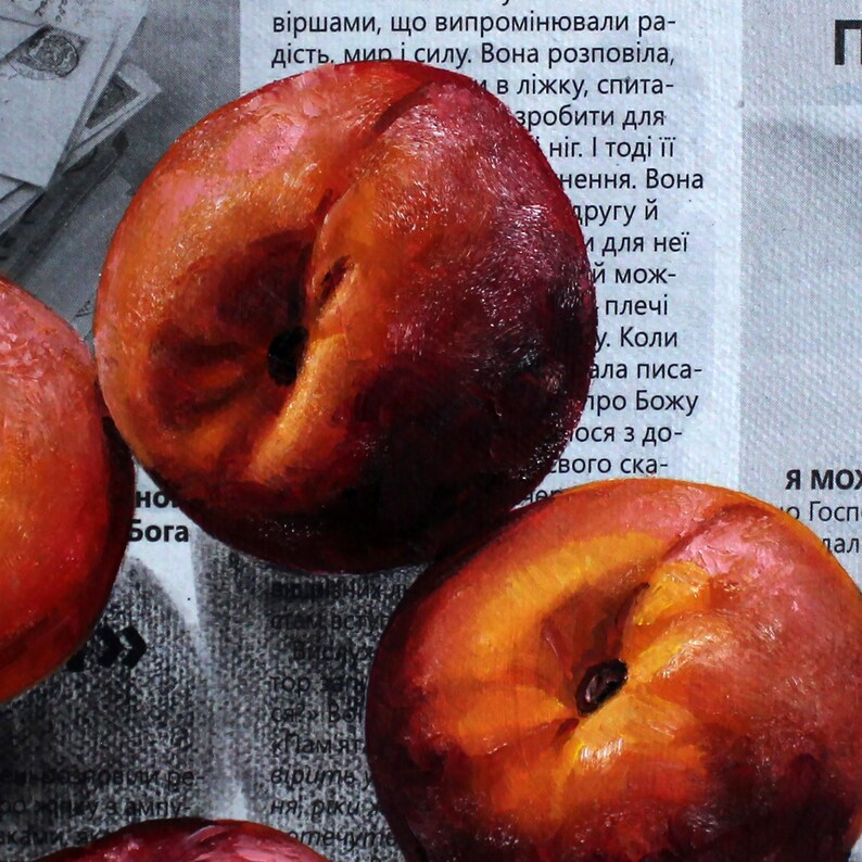 Persikaolja på tidningspapper, modern matväggkonst, originalduk 8x8" bild 3