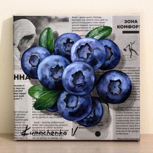 Blueberry Miniature Art, Oil Painting on Canvas, Original Kitchen Wall Decor