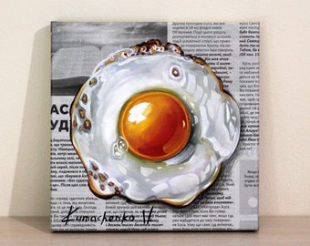 Scrambled Eggs Oil Painting on Canvas, Newspaper Art, Kitchen Painting