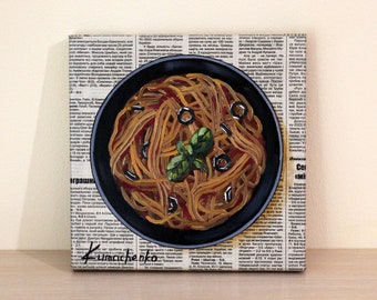 Pasta Art: Oil Painting Food on Canvas, Spaghetti Still Life