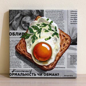 Breakfast Toast & Egg Oil Painting on Canvas - Unique Kitchen Wall Art with Newspaper Background