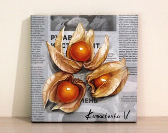 Physalis painting, Exclusive oil painting European cherry, Newspaper food art with berry, Decor for kitchen and home