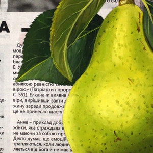 May include: A vibrant yellow-green pear painting featuring detailed dark green leaves with visible veins. The fruit is rendered with textured brushstrokes and sits against a background of printed text in a Cyrillic-based script on paper.