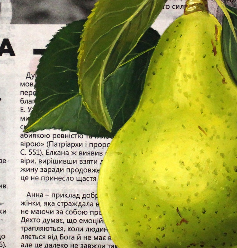 May include: A vibrant yellow-green pear painting featuring detailed dark green leaves with visible veins. The fruit is rendered with textured brushstrokes and sits against a background of printed text in a Cyrillic-based script on paper.