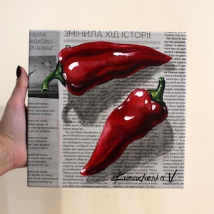 Vibrant Red Pepper Oil Painting on Canvas: Exclusive Newspaper-Inspired Kitchen Art for Culinary Decor