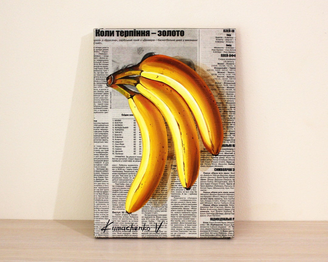 Banana Oil Painting on Canvas, Photorealistic Fruit Newspaper Art
