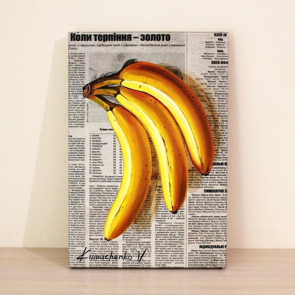 Peinture à l’huile de banane sur toile, art de journal de fruits photoréaliste, décor mural de cuisine exclusif, cadeau gastronomique d’image alimentaire