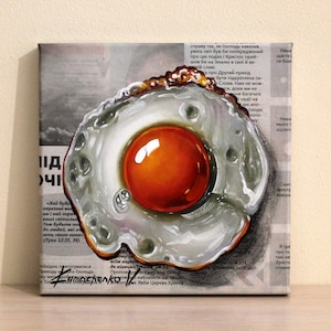 Scrambled Eggs Oil Painting on Canvas: Newspaper Art Kitchen Decor, Original Food Art
