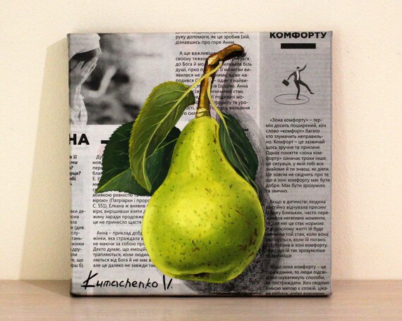 Pear Oil Painting, Small Original Fruit Art, Hand Painted Canvas Wall Decor, Kitchen Artwork, Green Fruit Painting 8x8