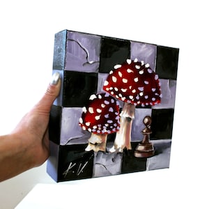 Whimsical Alice in Wonderland Oil Painting: Amanita Mushrooms on Chessboard - Enchanting Wall Art