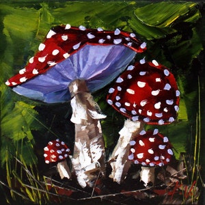 Pintura al óleo de hongo amanita muscaria: lienzo empastado inspirado en Alicia en el País de las Maravillas