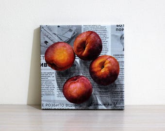 Peach Oil Painting on Newspaper, Contemporary Food Wall Art, Original Canvas 8x8"
