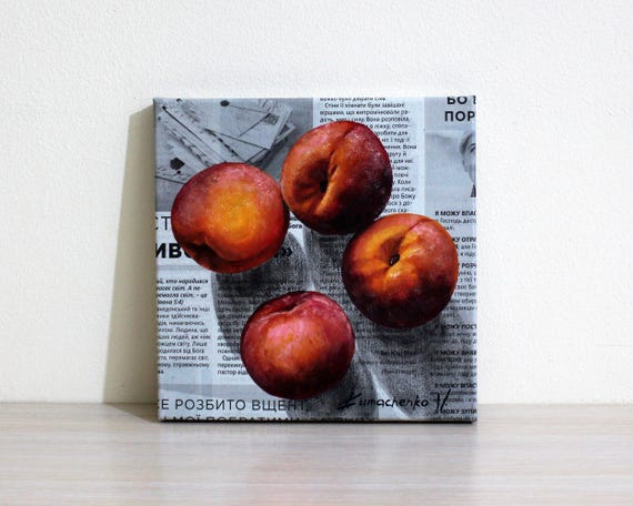 Peach Oil Painting on Newspaper, Contemporary Food Wall Art, Original Canvas 8x8"