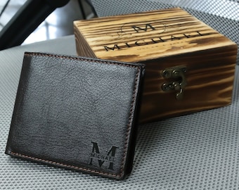 Personalized Monogrammed Engraved Genuine Leather Bifold Mens Wallet - Father's Day gift with personalized wooden box