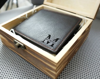 Cartera plegable personalizada de cuero genuino con monograma grabado para hombre, regalo del Día del Padre con caja de madera personalizada